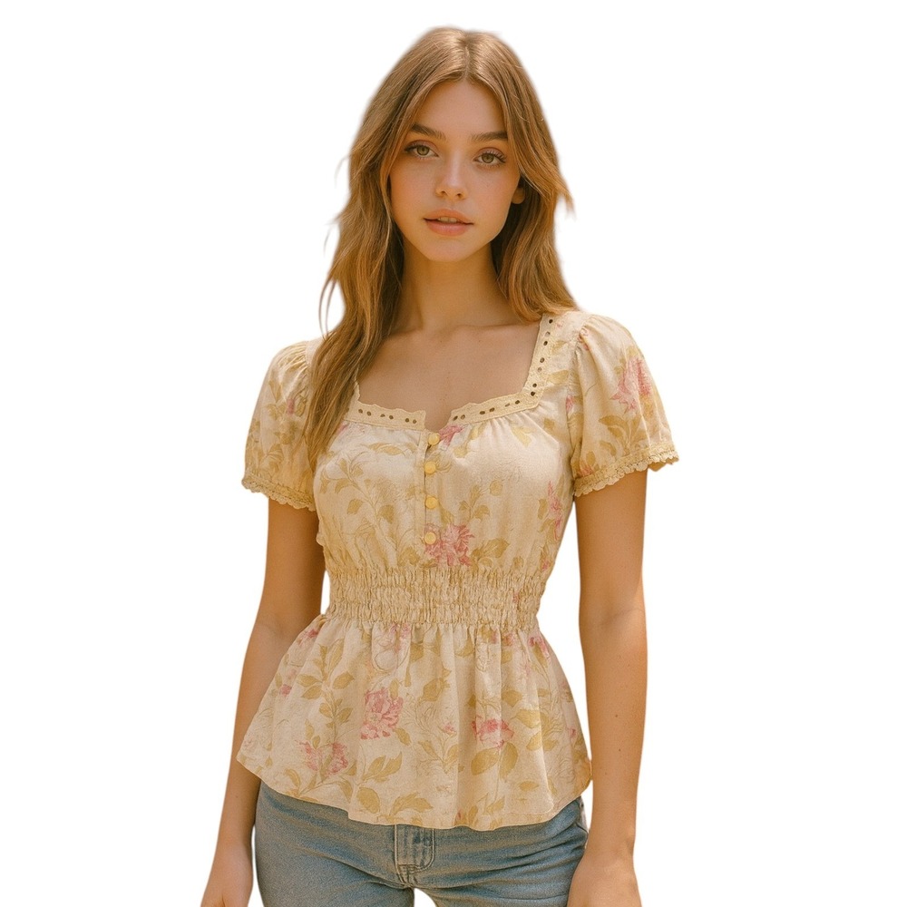 Womens Cottagecore Floral Peasant Top Puff Sleeve‎ Smocked Waist Lace Trim Shirt